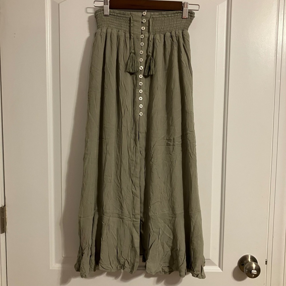 Fashion On Earth Sage Green Smocked Waist Button Front Tassel Maxi Skirt Small